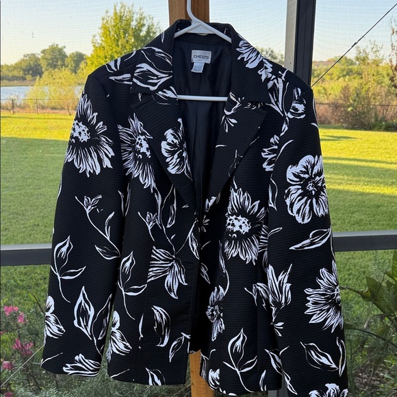 Chico's Jackets & Blazers - Chico's Black quilted Blazer with White Floral Print sz 3